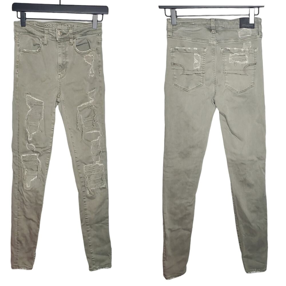 🔥American Eagle Super Hi-Rise Jeggings Olive Green Distressed Patched 2 Regular